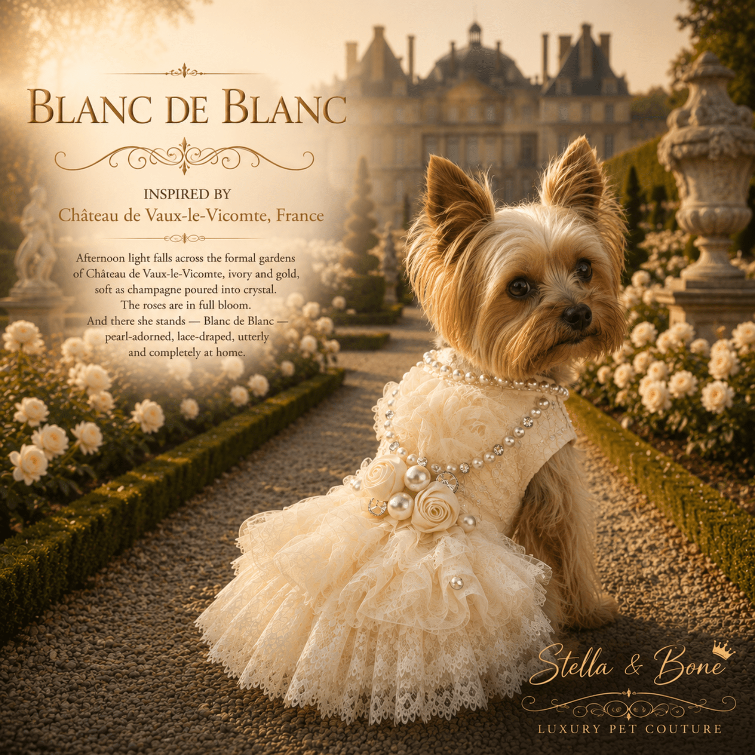 Blanc de Blanc, pearl and rhinestone neckline, snap button back, available in custom. Luxury dog bridesmaid dress
