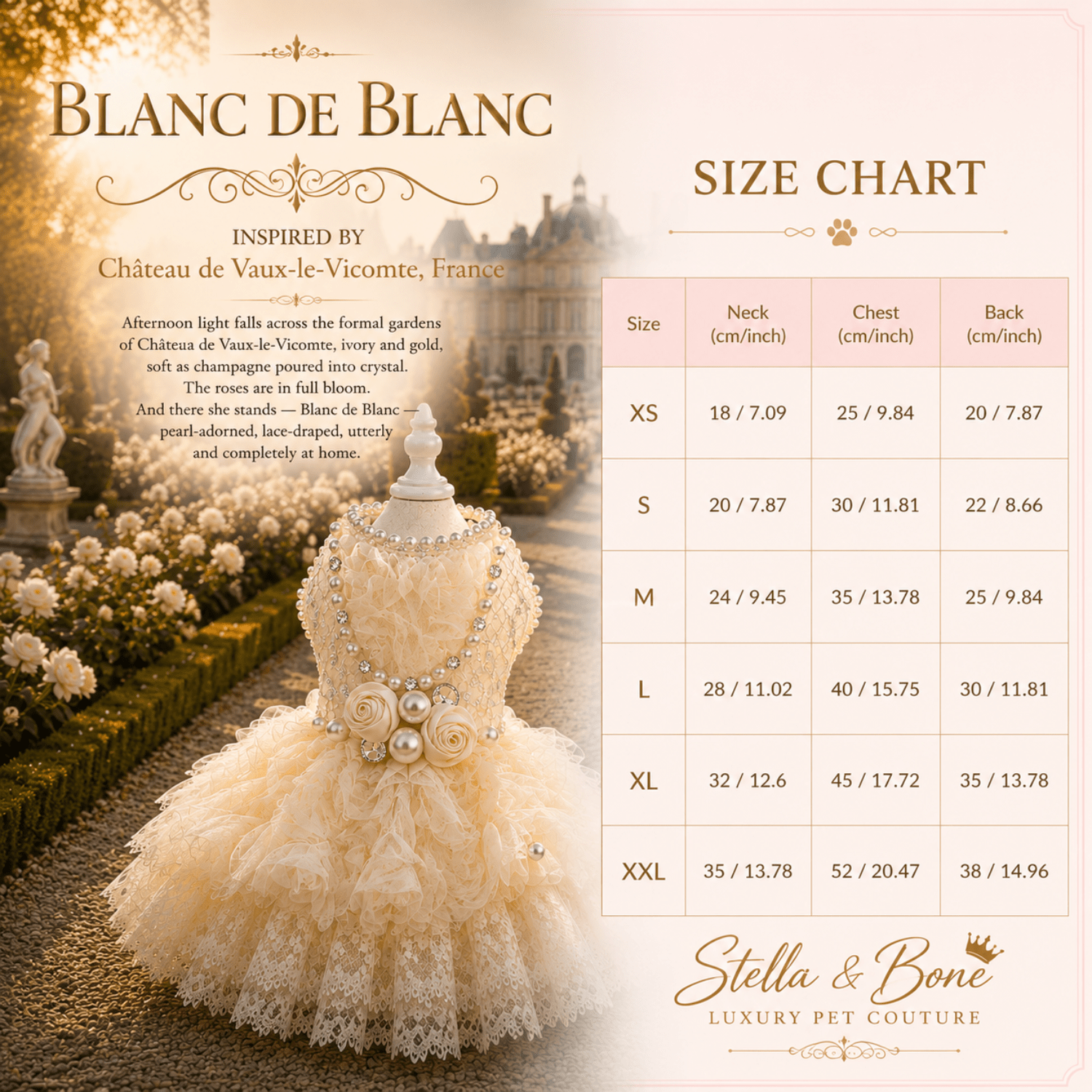 Size chart of Blanc de Blanc dog gown, ivory, pearls, and roses. Curated by Stella and Bone. Great for celebrations.
