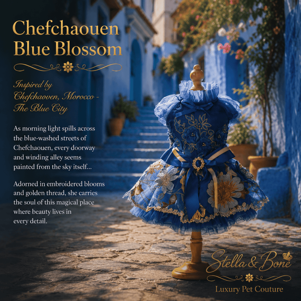A blue embroidered pet dress, Checchaouen Blue Blossom. The dress has floral embroidery and gold trim.