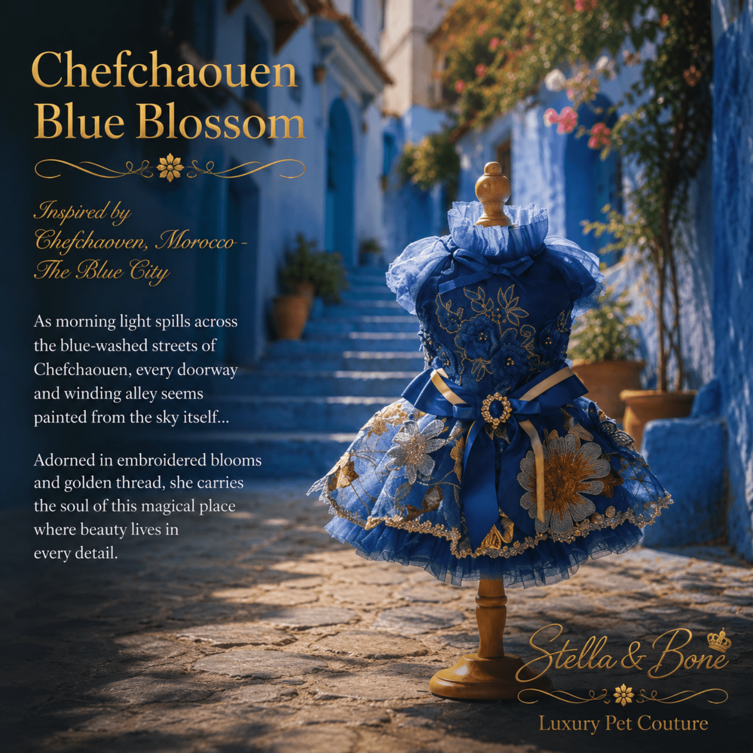 A blue embroidered pet dress, Checchaouen Blue Blossom. The dress has floral embroidery and gold trim.