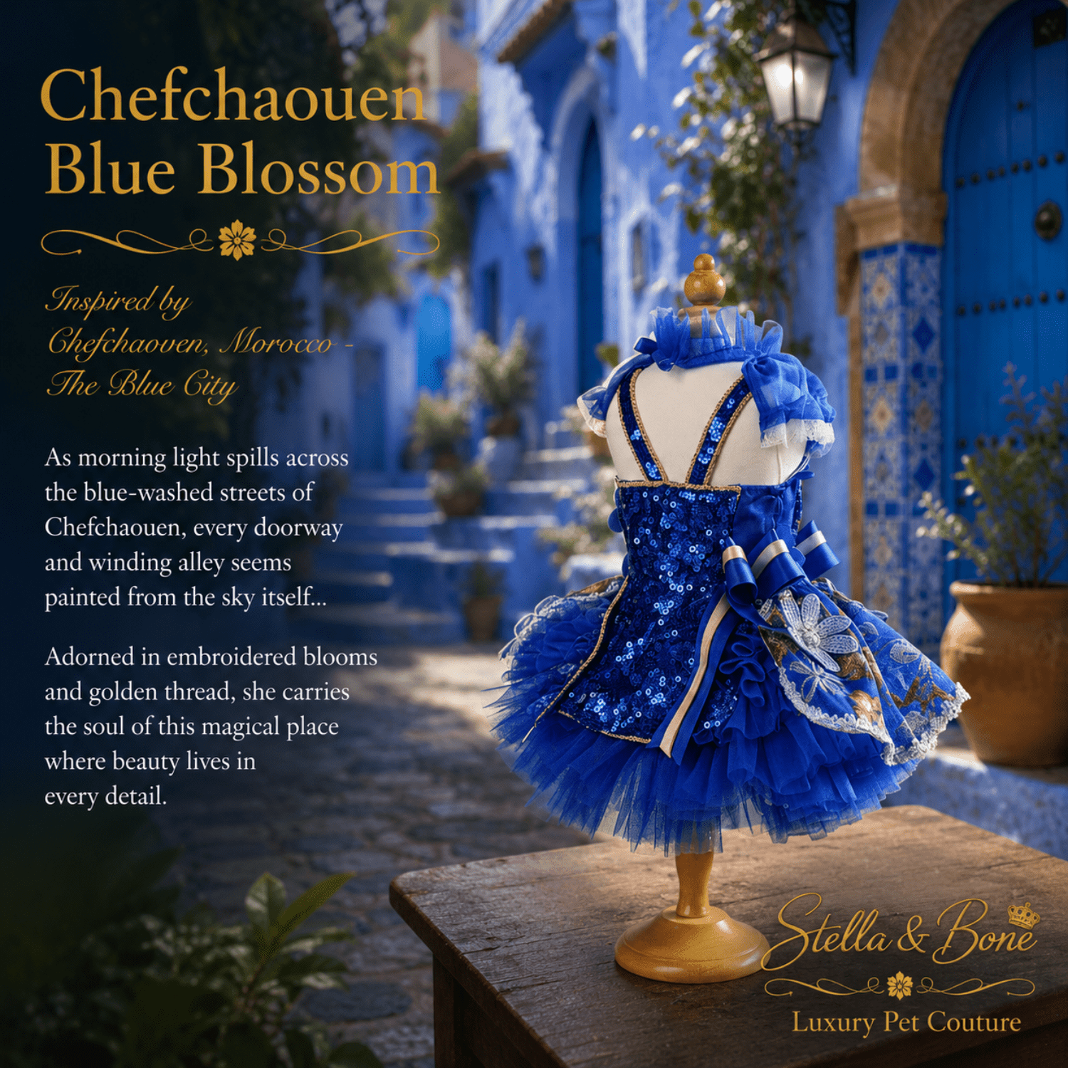 Blue sequined pet dress with gold accents, Chefchaouen Blue Blossom in Morocco. Perfect for birthdays and photoshoots