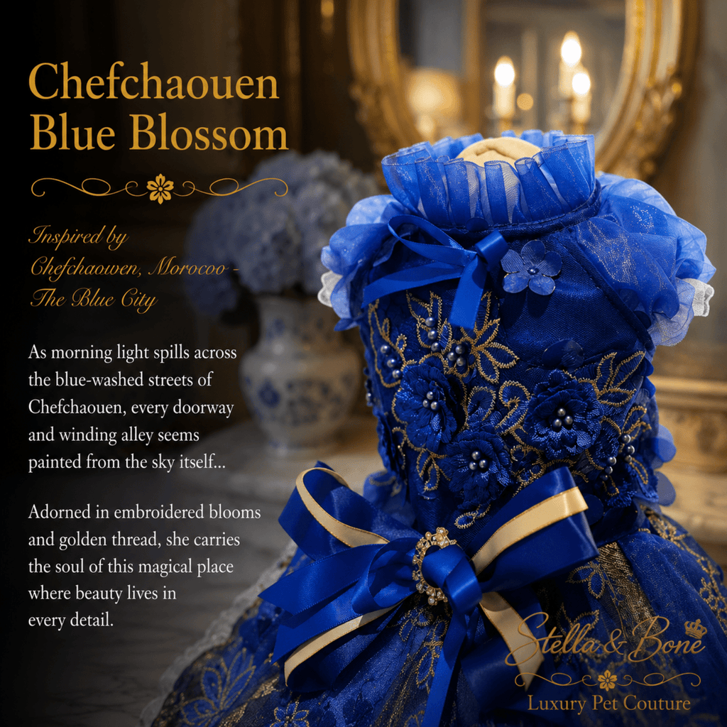 A royal blue embroidered pet dress Chefchaouen Blue Blossom. Intricate gold floral embroidery, sheer ruffled trim