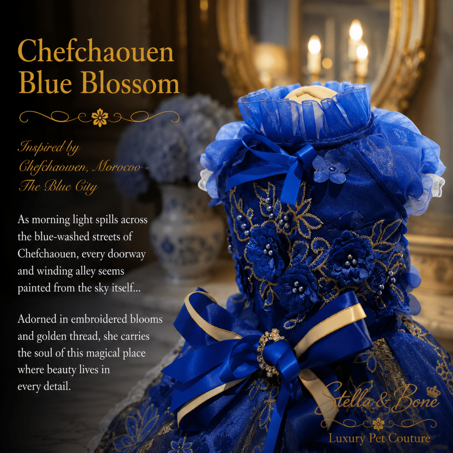 A royal blue embroidered pet dress Chefchaouen Blue Blossom. Intricate gold floral embroidery, sheer ruffled trim