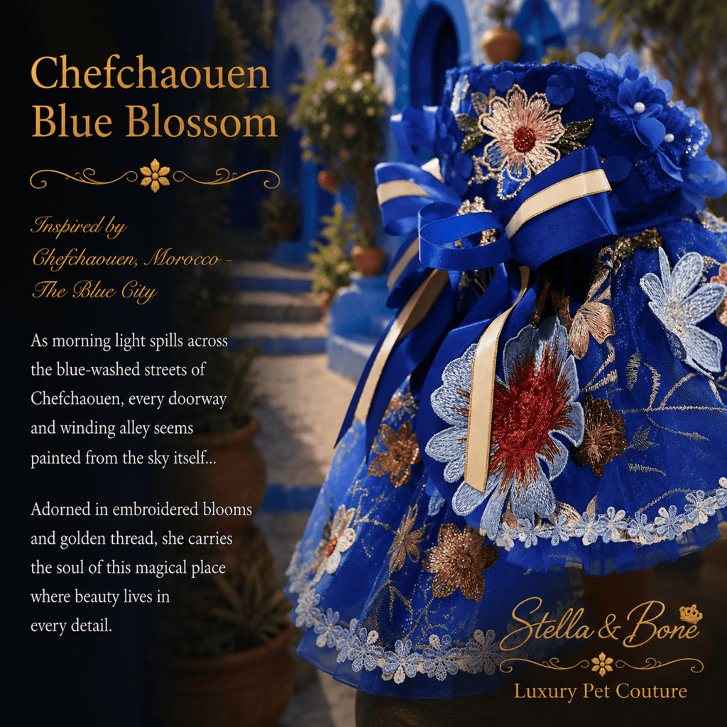 Close-up of Chefchaouen Blue Blossom, pet dress in royal blue and gold accents in Morocco. Curated by Stella & Bone