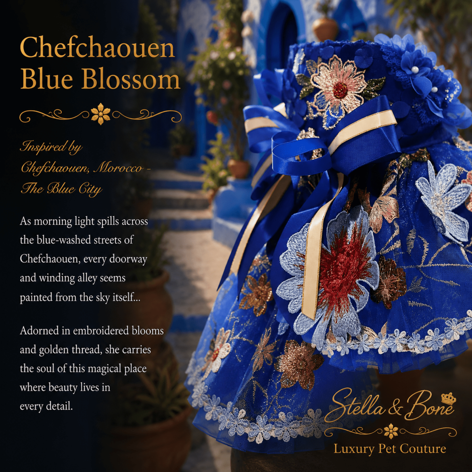 Close-up of Chefchaouen Blue Blossom, pet dress in royal blue and gold accents in Morocco. Curated by Stella & Bone