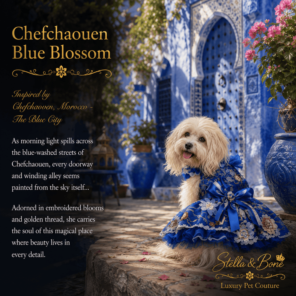 Dog wearing Chefchaouen Blue Blossom, ornate royal blue embroidered dress with floral details and a large bow. Stella & Bone