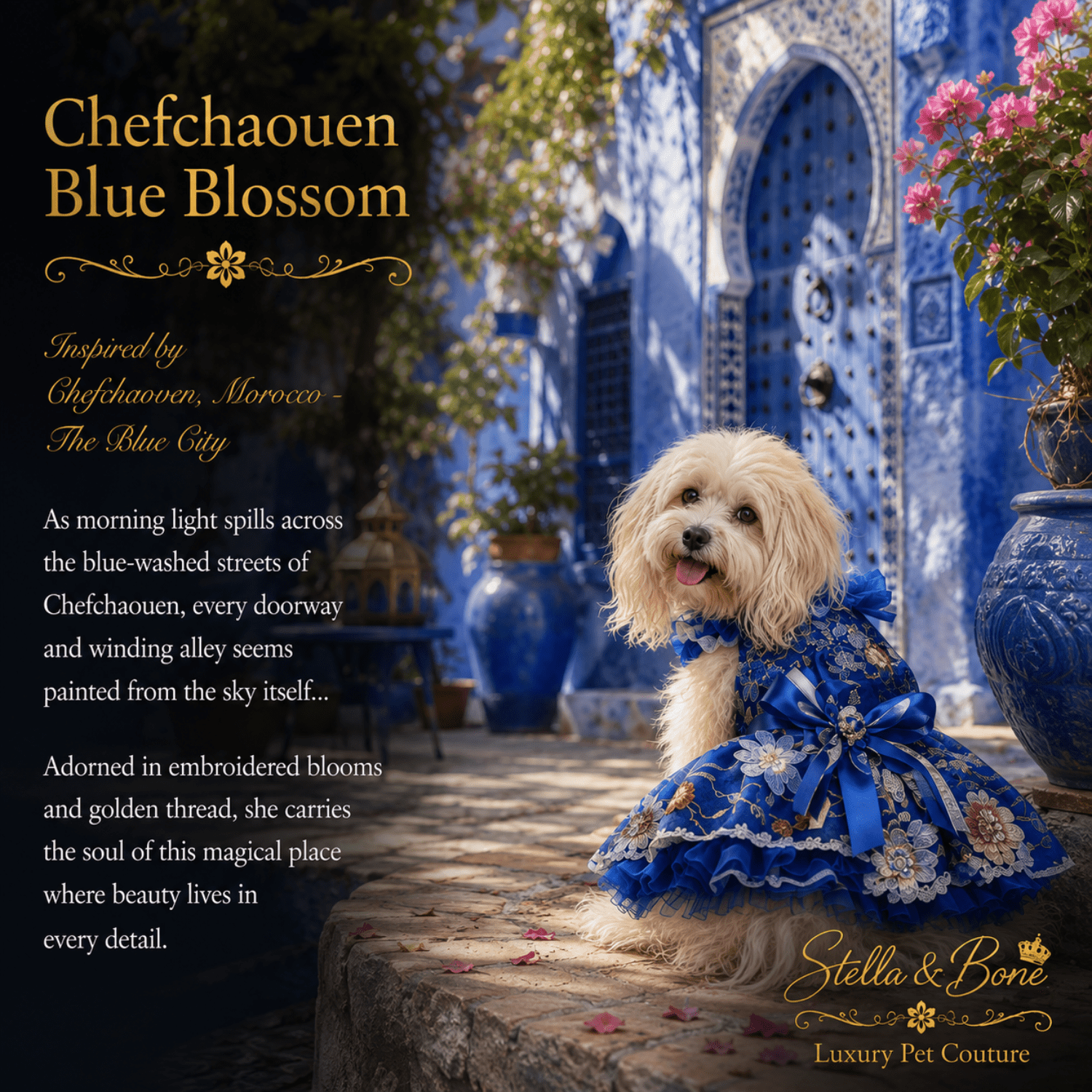 Dog wearing Chefchaouen Blue Blossom, ornate royal blue embroidered dress with floral details and a large bow. Stella & Bone