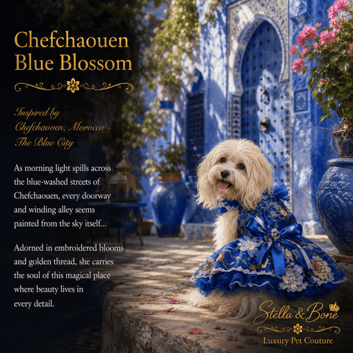 Dog wearing Chefchaouen Blue Blossom, ornate royal blue embroidered dress with floral details and a large bow. Stella & Bone