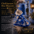 Cat wearing an ornate royal blue embroidered dress with floral appliqué and a ruffled skirt, Chefchaouen Blue Blossom