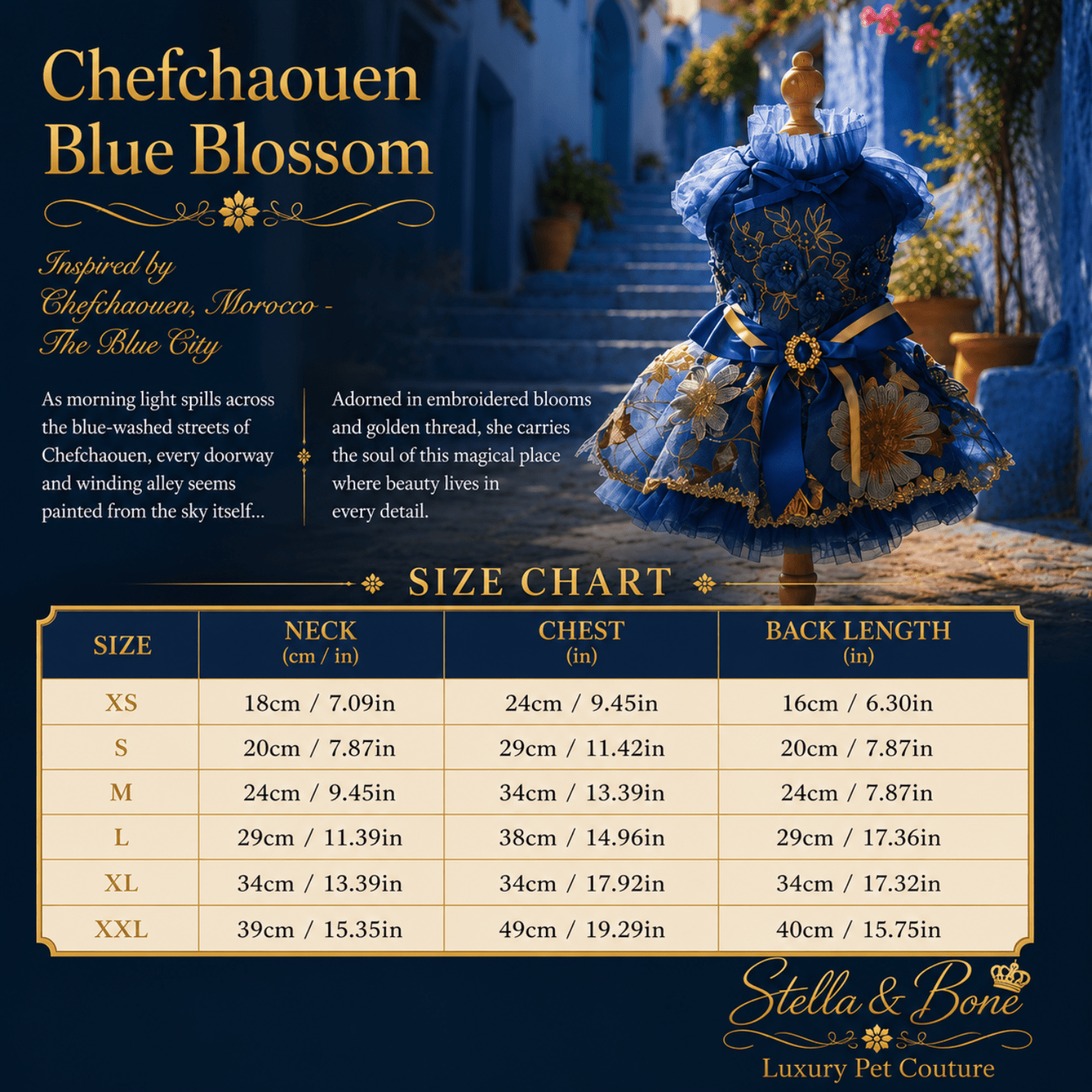 Size chart for Chefchaouen Blue Blossom, a pet dress in royal blue with gold accents. Size S-XL and custom for a tailored fit