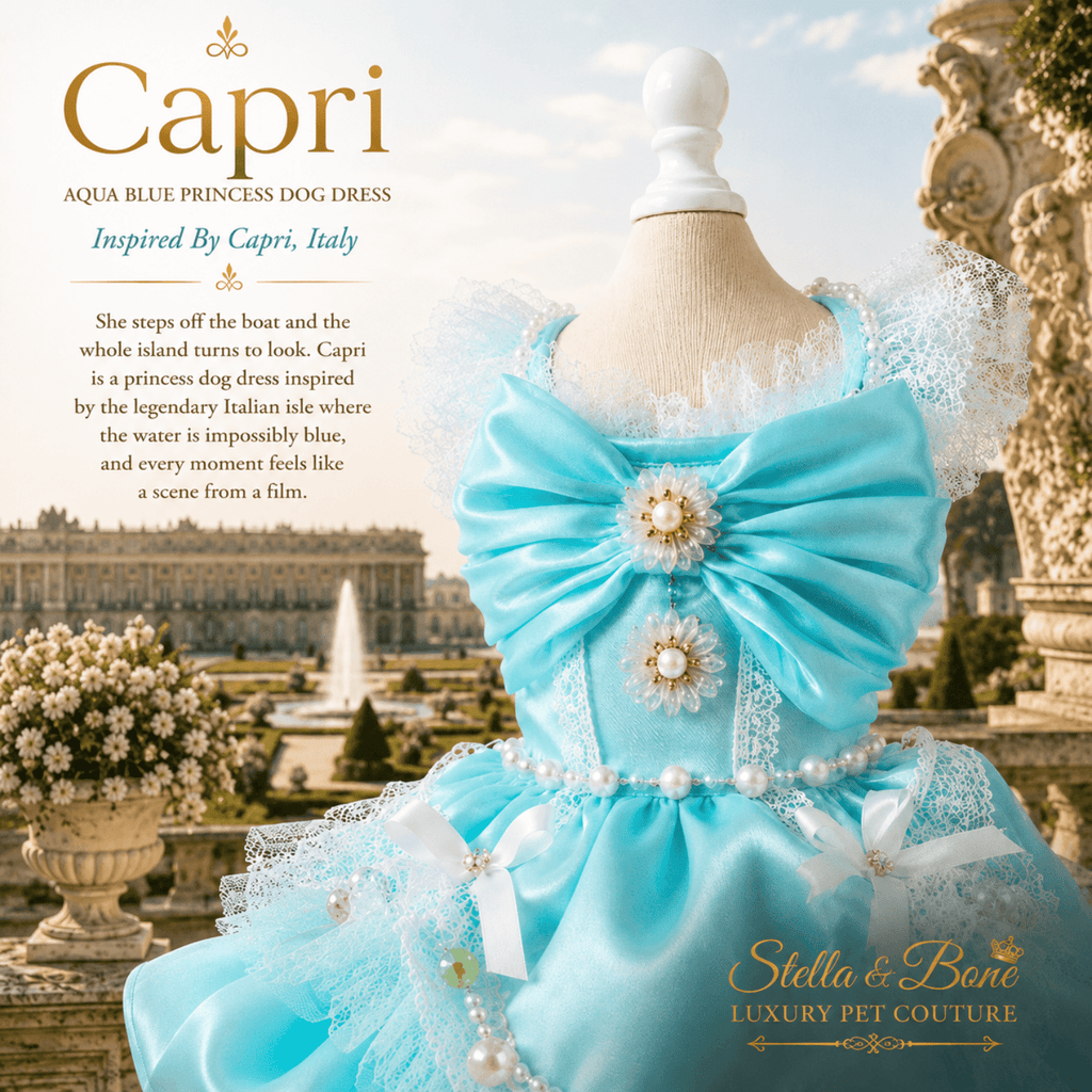 A light aqua blue pet dress, Capri with a grand garden and fountain scene in Italy. Large bow, lace trim, pearl details.