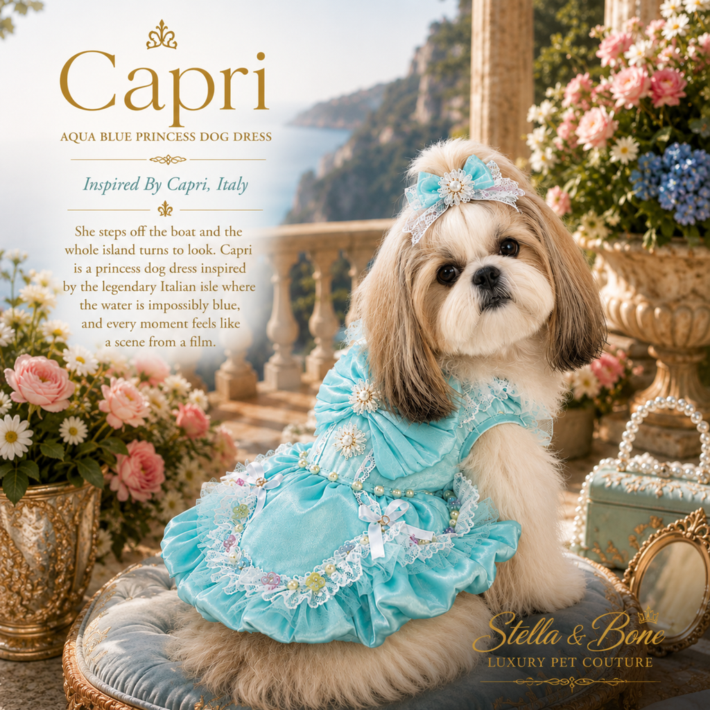 Shih Tzu dog wearing Capri,  turquoise blue princess-style dress with lace and floral embellishments in Capri, Italy