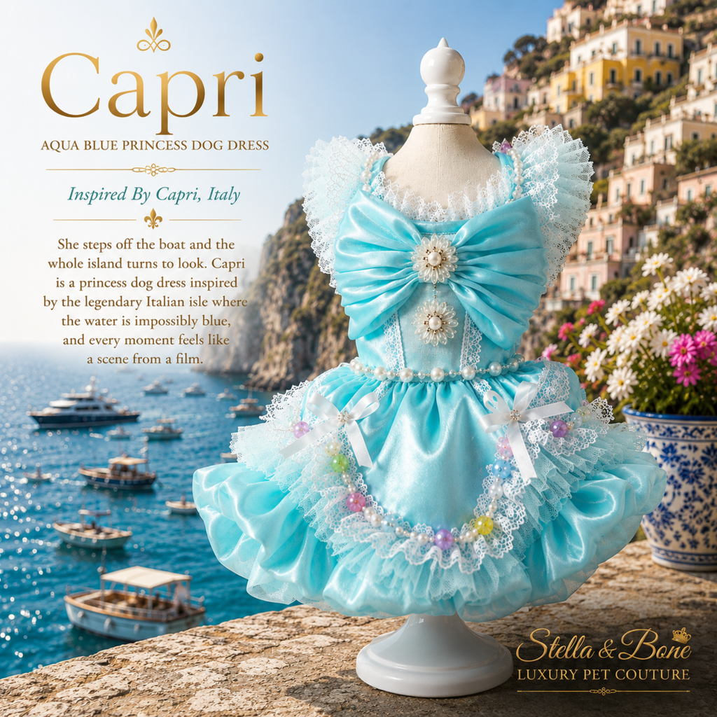 Luminous aqua blue satin-style fabric dog dress, Capri, pearl accents, medallion bows on bodice. Birthdays, family portraits