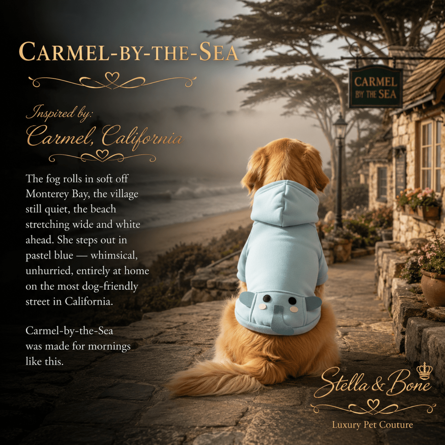 Carmel-by-the-Sea Elephant Hoodie Dogs — Golden Retriever in pastel blue dog hoodie on foggy Carmel California morning