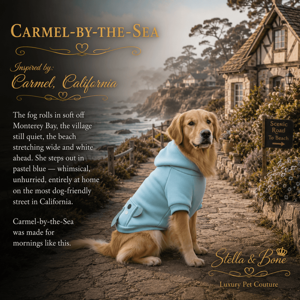 Carmel-by-the-Sea Elephant Hoodie Dogs — Golden Retriever in blue dog hoodie on coastal path near Carmel beach California