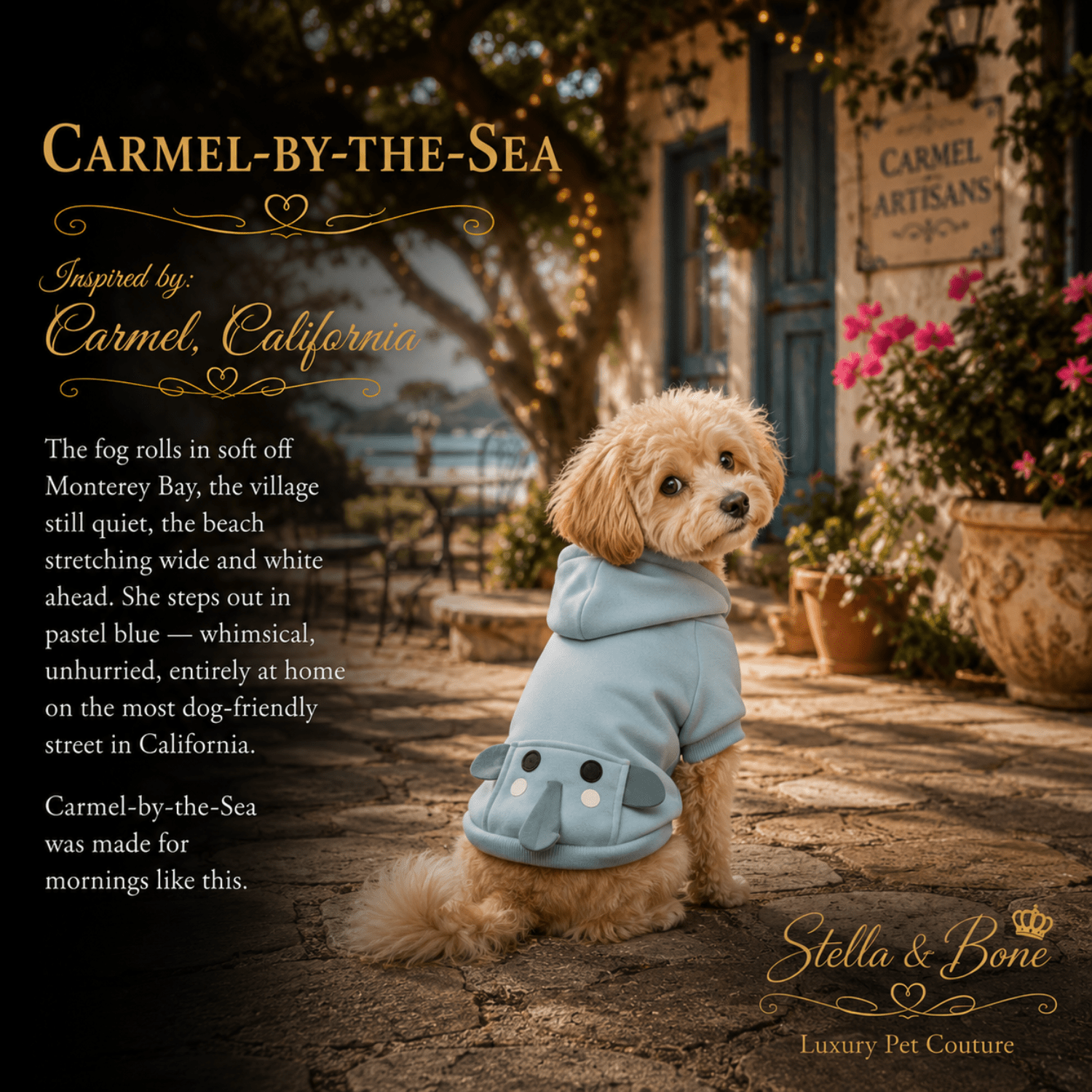 Carmel-by-the-Sea Elephant Hoodie Dogs — small dog in pastel blue elephant hoodie at Carmel Artisans on a relaxed chill day