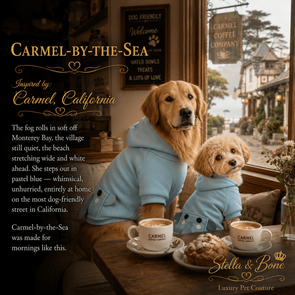 Carmel-by-the-Sea Elephant Hoodie Dogs — two dogs in blue elephant hoodies at a cozy Carmel California dog-friendly cafe