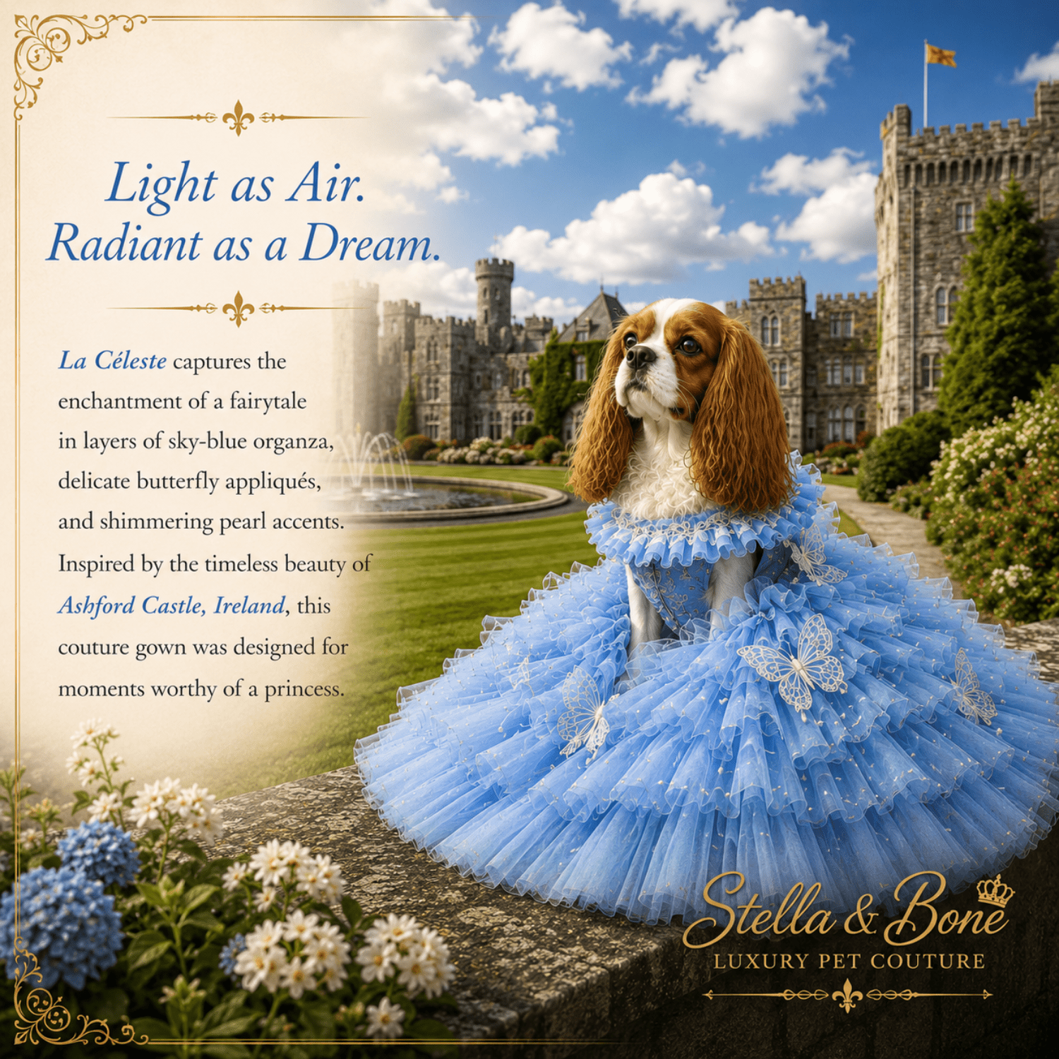 Cavalier King Charles Spaniel in La Celeste blue butterfly gown at Ashford Castle — couture dog gown for photo shoots