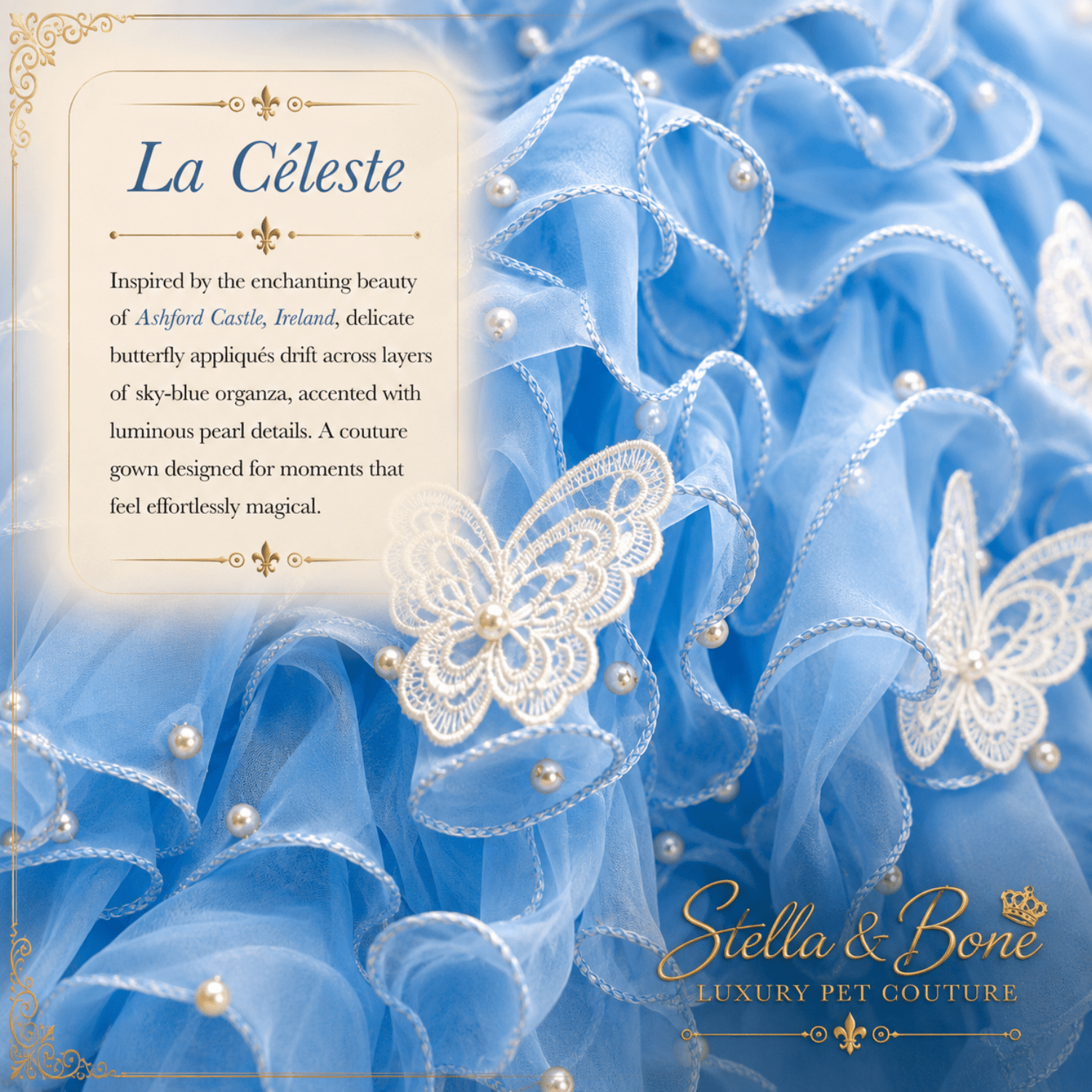 La Celeste close-up of white lace butterfly appliques and pearl accents on sky blue organza — luxury dog gown detail