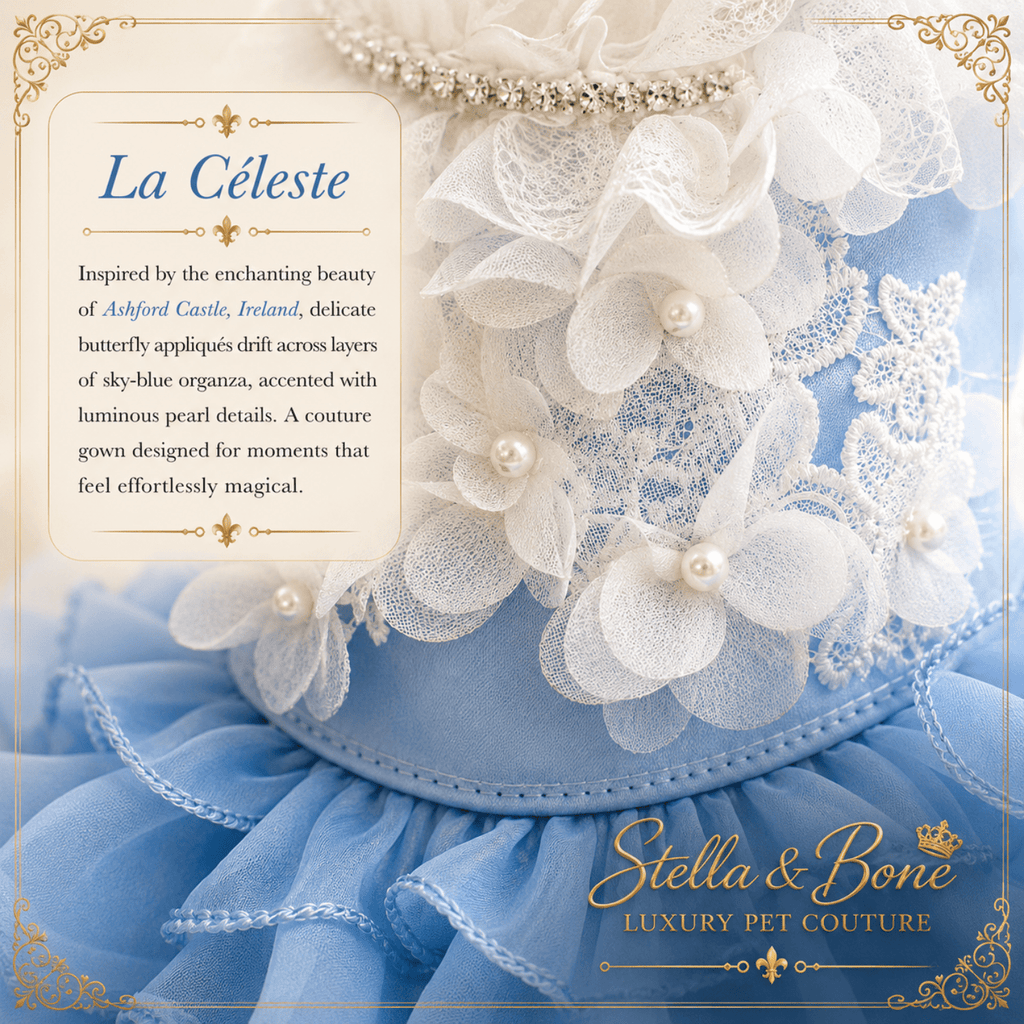 La Celeste white floral lace bodice with rhinestone collar and pearl flowers — couture blue dog gown for weddings