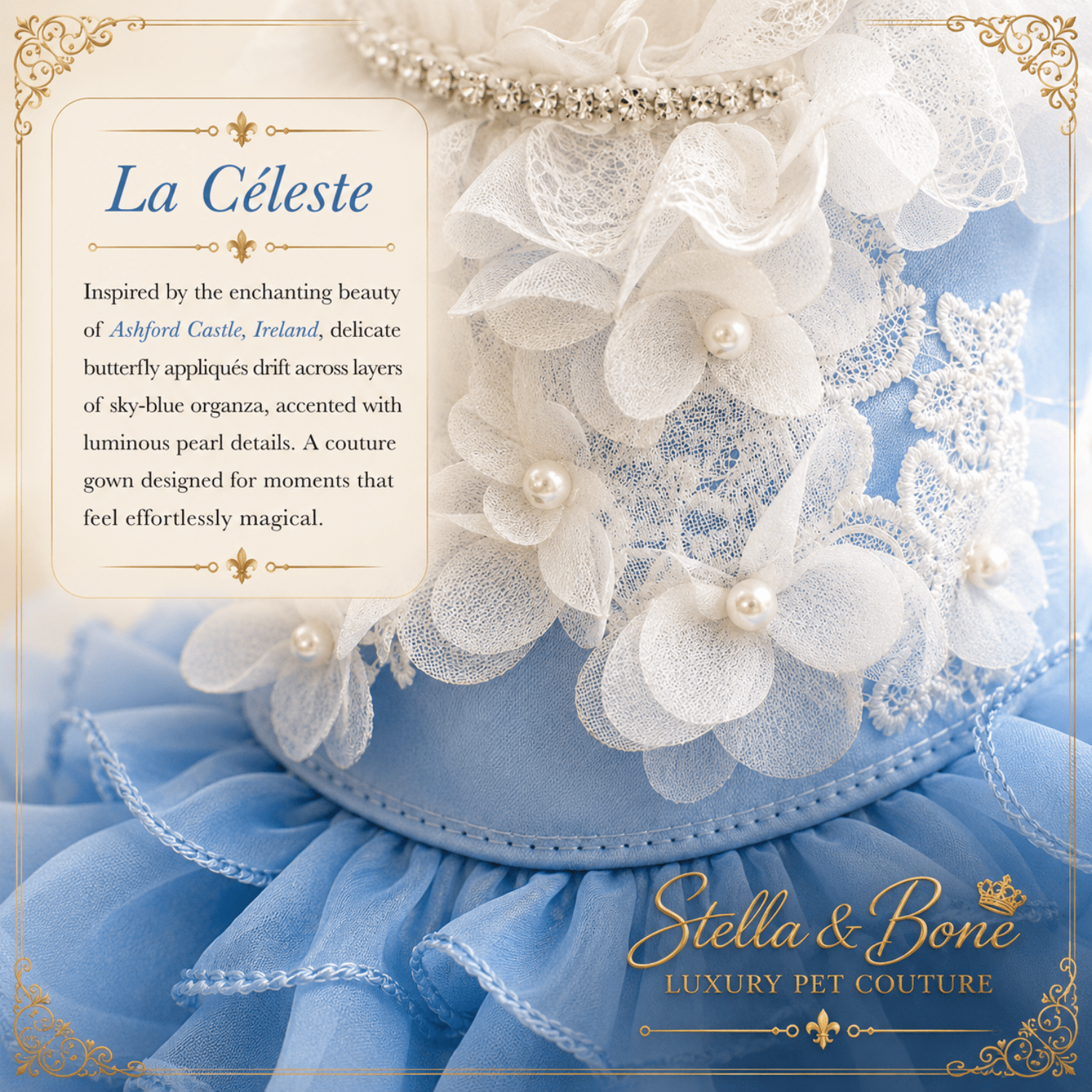 La Celeste white floral lace bodice with rhinestone collar and pearl flowers — couture blue dog gown for weddings