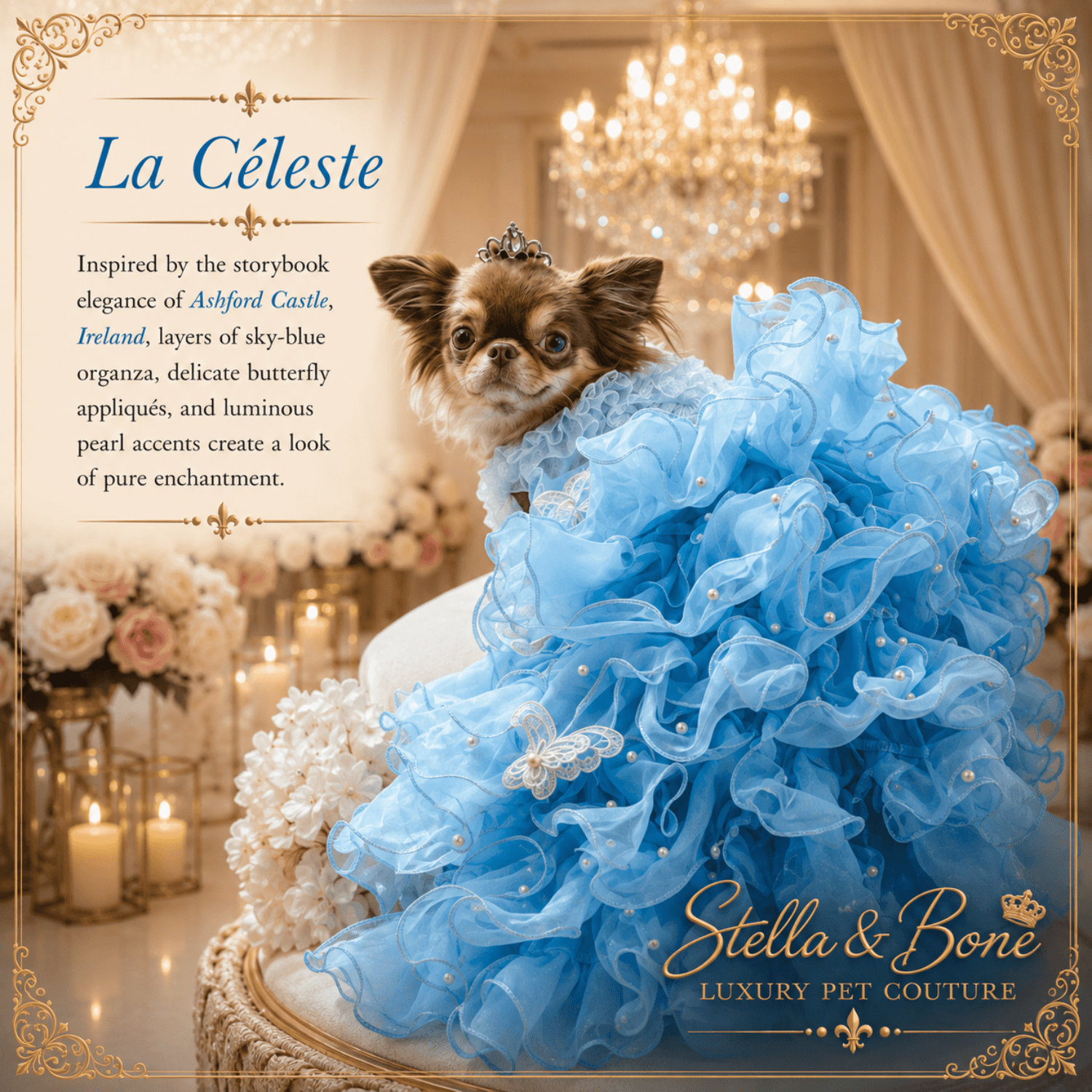 Chihuahua in La Celeste blue organza dog gown with tiara in chandelier bridal suite — luxury wedding dog gown