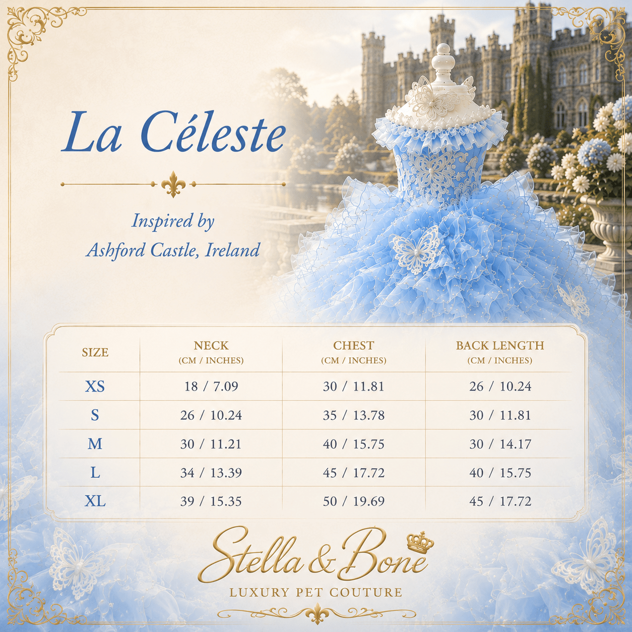 La Celeste blue butterfly pearl dog gown size chart XS to XL — neck chest and back measurements in cm and inches