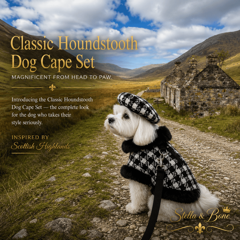 Classic Houndstooth Dog Cape being modeled by a small dog - timeless, sophisticated and understated.