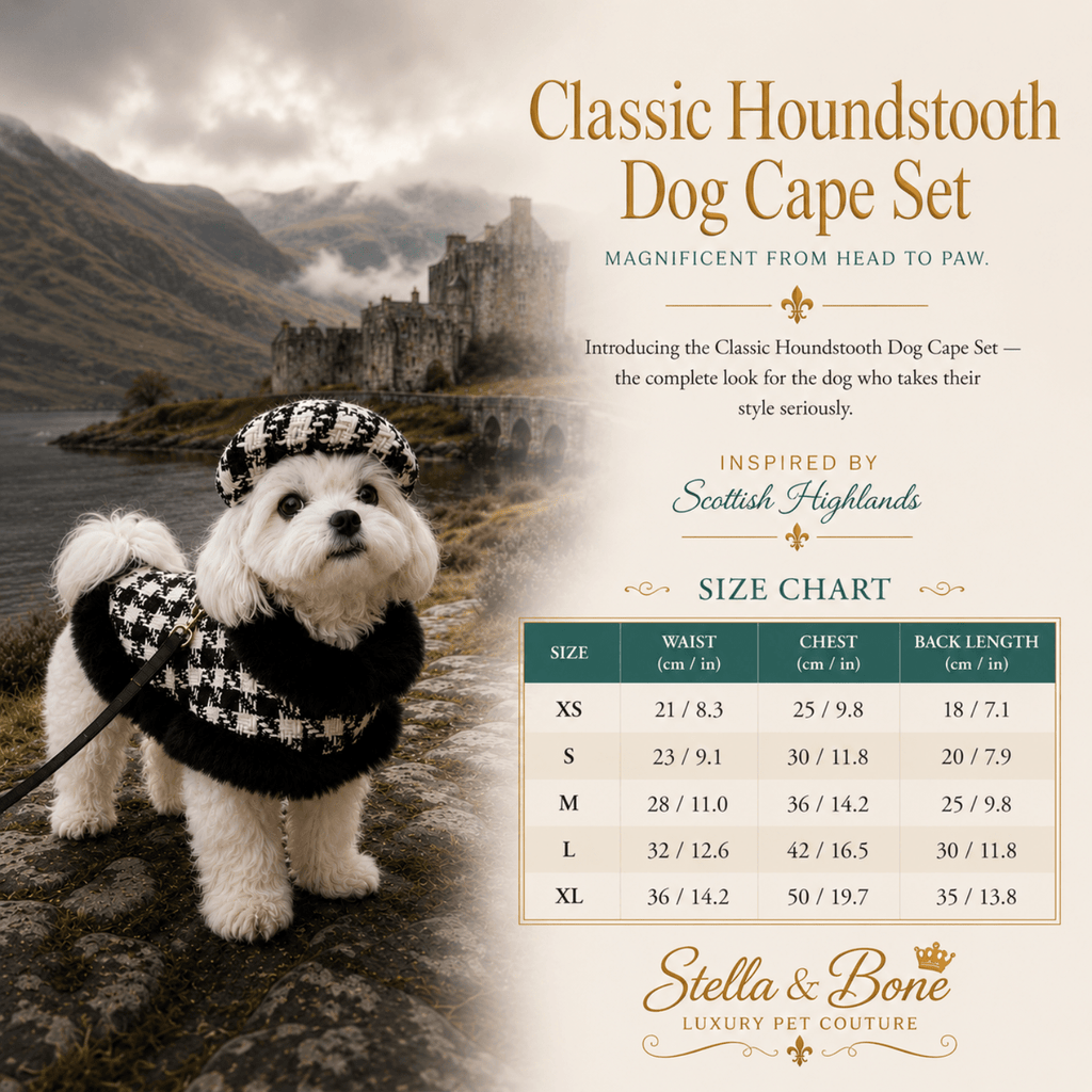 Classic Houndstooth Dog Cape size chart in XS-XL, makes a great gift for pet parents