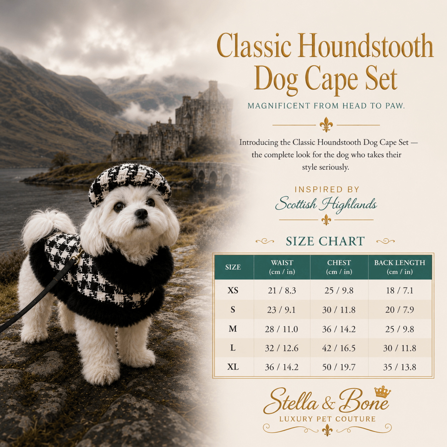Classic Houndstooth Dog Cape size chart in XS-XL, makes a great gift for pet parents