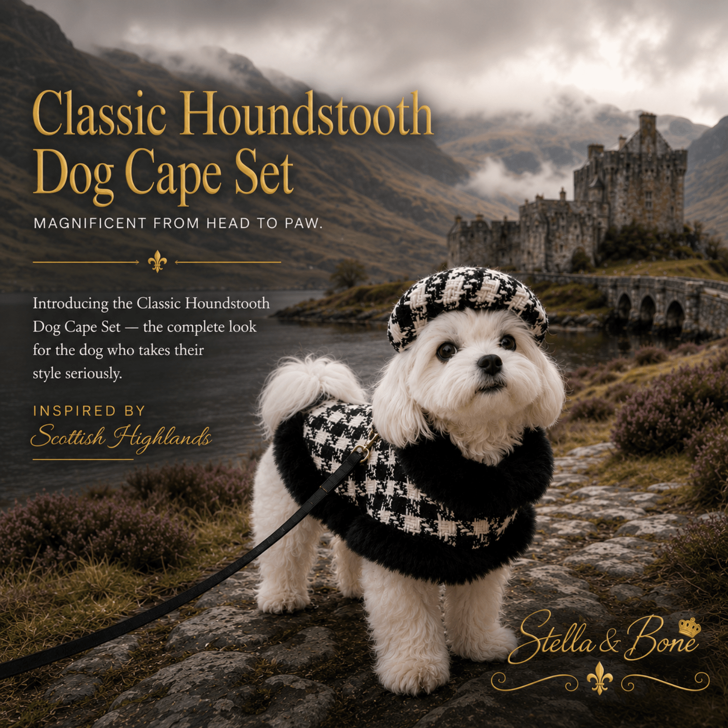 Dog wearing Classic Houndstooth Dog Cape - classic print and elegant drape, matching hat and leash