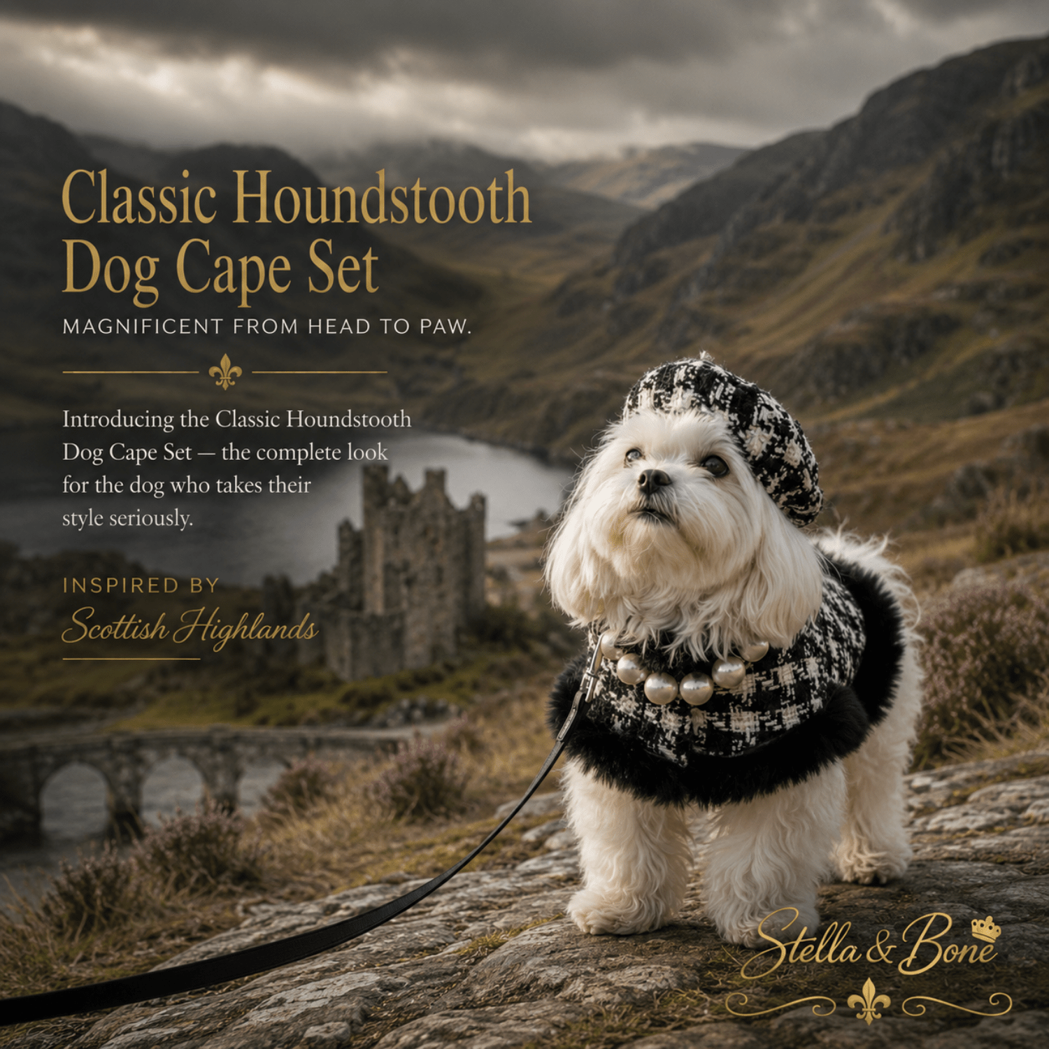 Classic Houndstooth Dog Cape inspired by the Scottish Highlands - cape, hat and leash included as set.