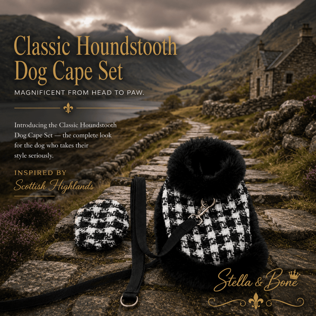 Display of Classic Houndstooth Dog Cape in Scottish Highlands. 3-piece set includes cape, hat, and leash