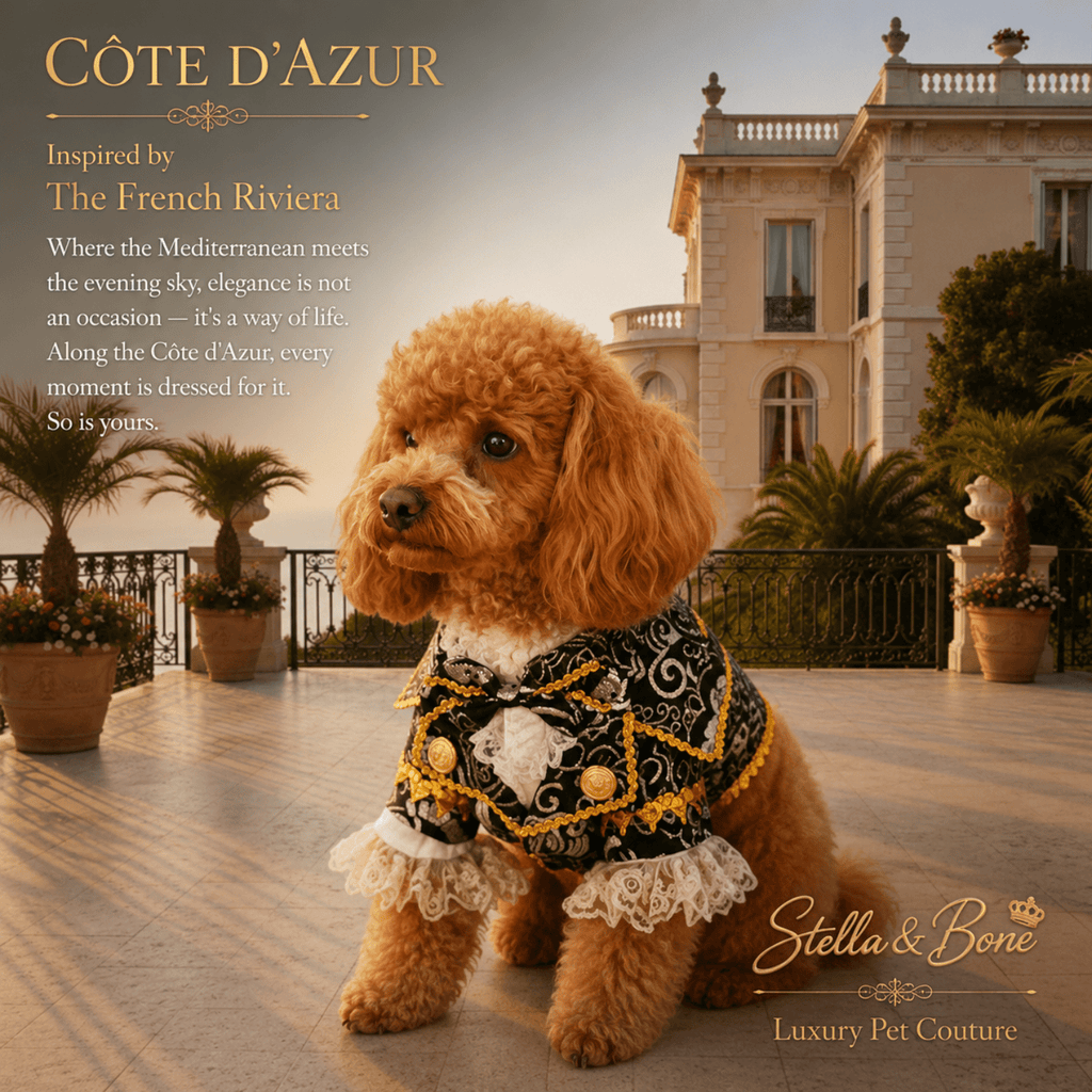 Cote d Azur Black Tie Pet Tuxedo — Poodle in black and gold dog tuxedo for weddings and special occasions on French Riviera