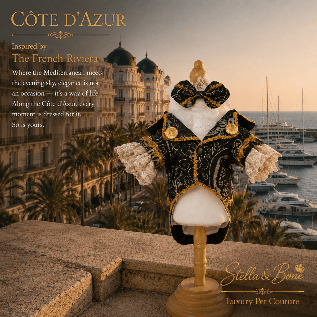 Cote d Azur Black Tie Pet Tuxedo — black gold brocade dog tuxedo on mannequin overlooking Cannes harbor at sunset
