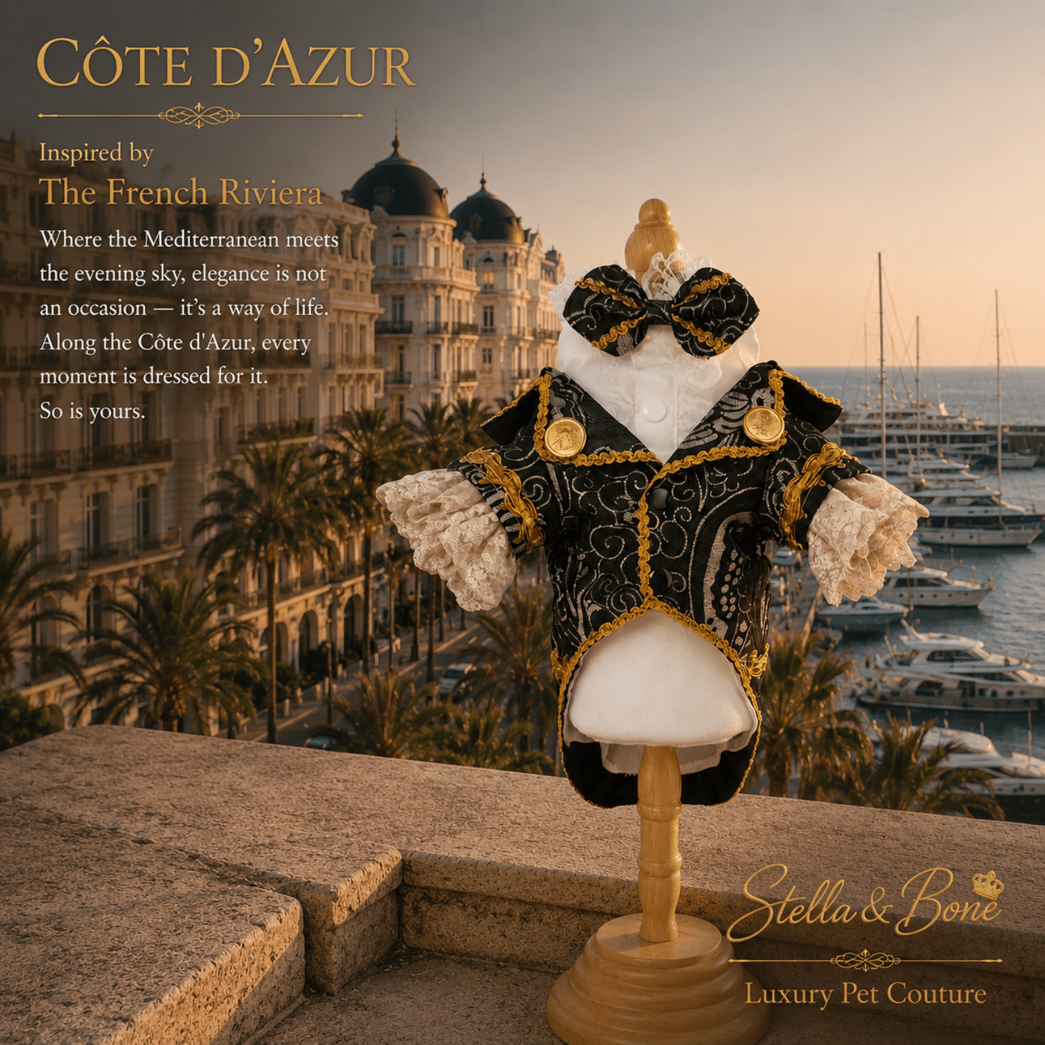 Cote d Azur Black Tie Pet Tuxedo — black gold brocade dog tuxedo on mannequin overlooking Cannes harbor at sunset