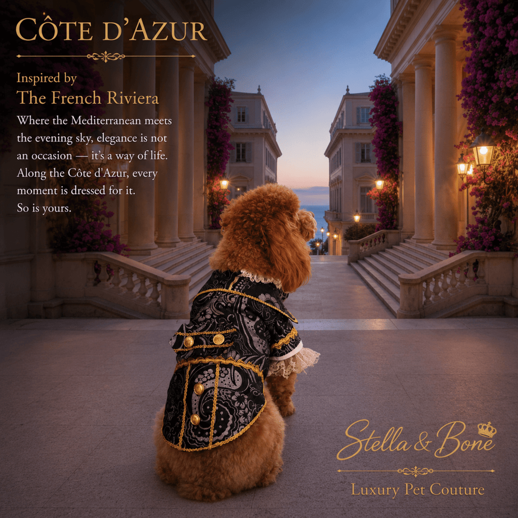 Cote d Azur Black Tie Pet Tuxedo — back view of Poodle in black gold dog tuxedo on French Riviera villa staircase at dusk