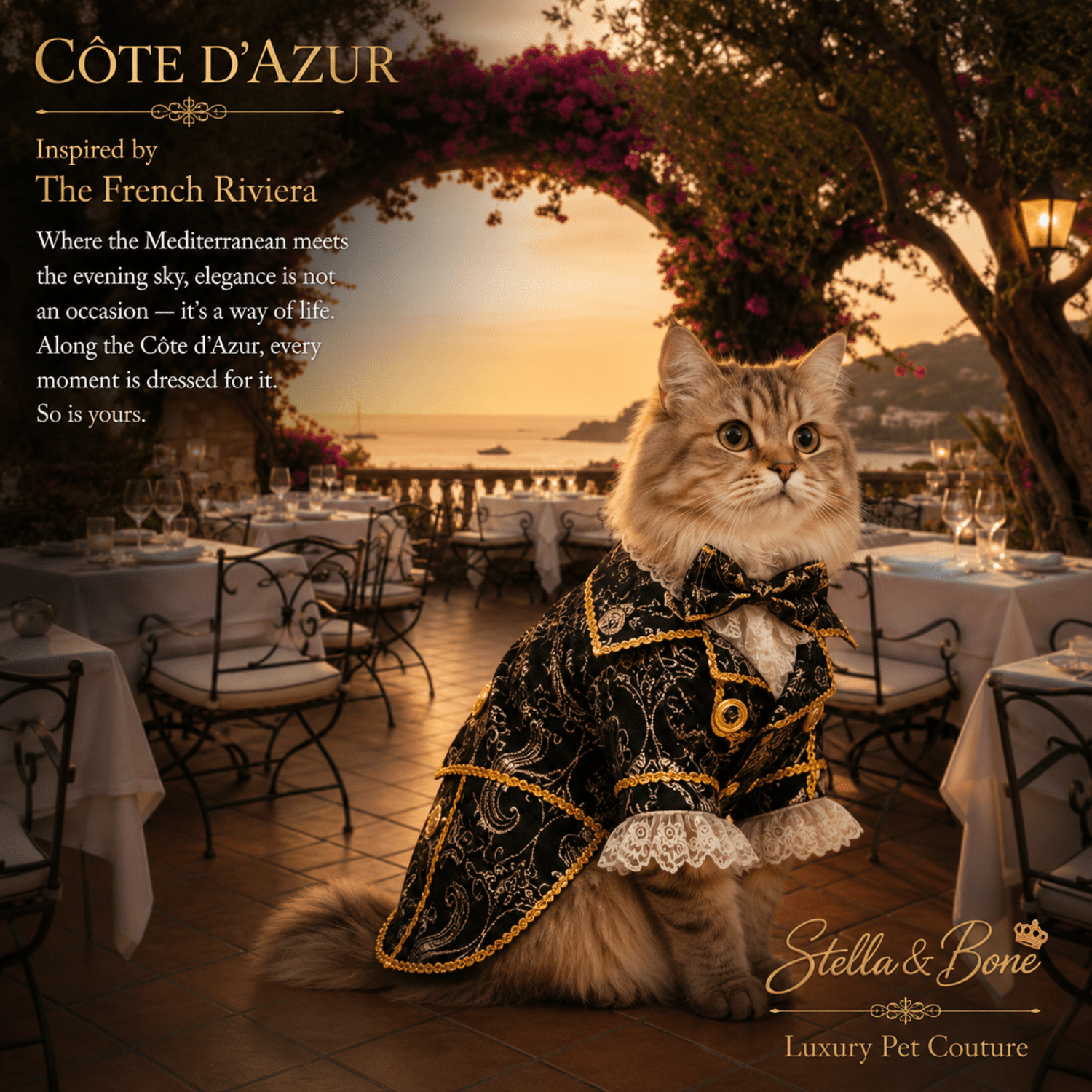Cote d Azur Black Tie Pet Tuxedo — Siberian cat in black gold pet tuxedo for special occasions at French Riviera restaurant