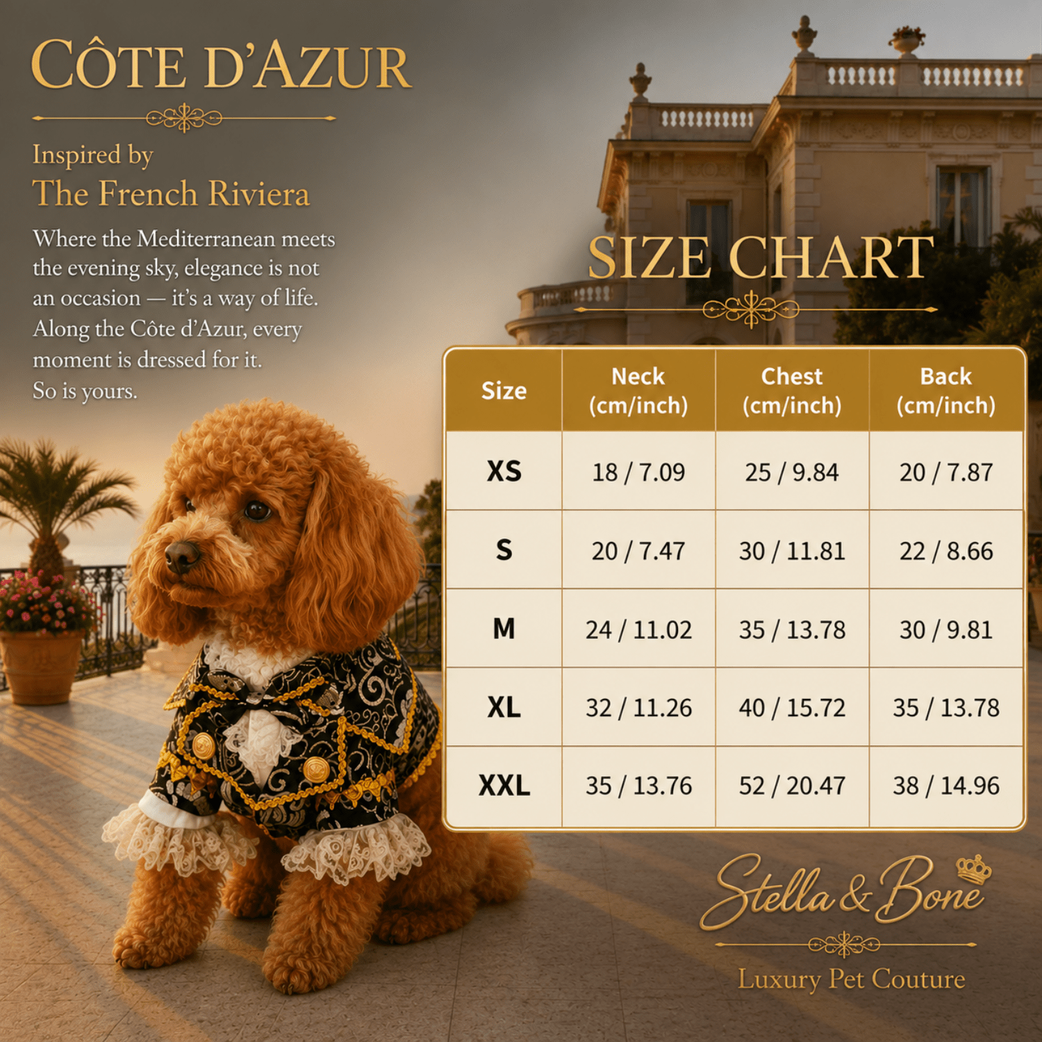 Cote d Azur Black Tie Pet Tuxedo — size chart XS to XXL for black gold brocade dog tuxedo. Perfect for weddings