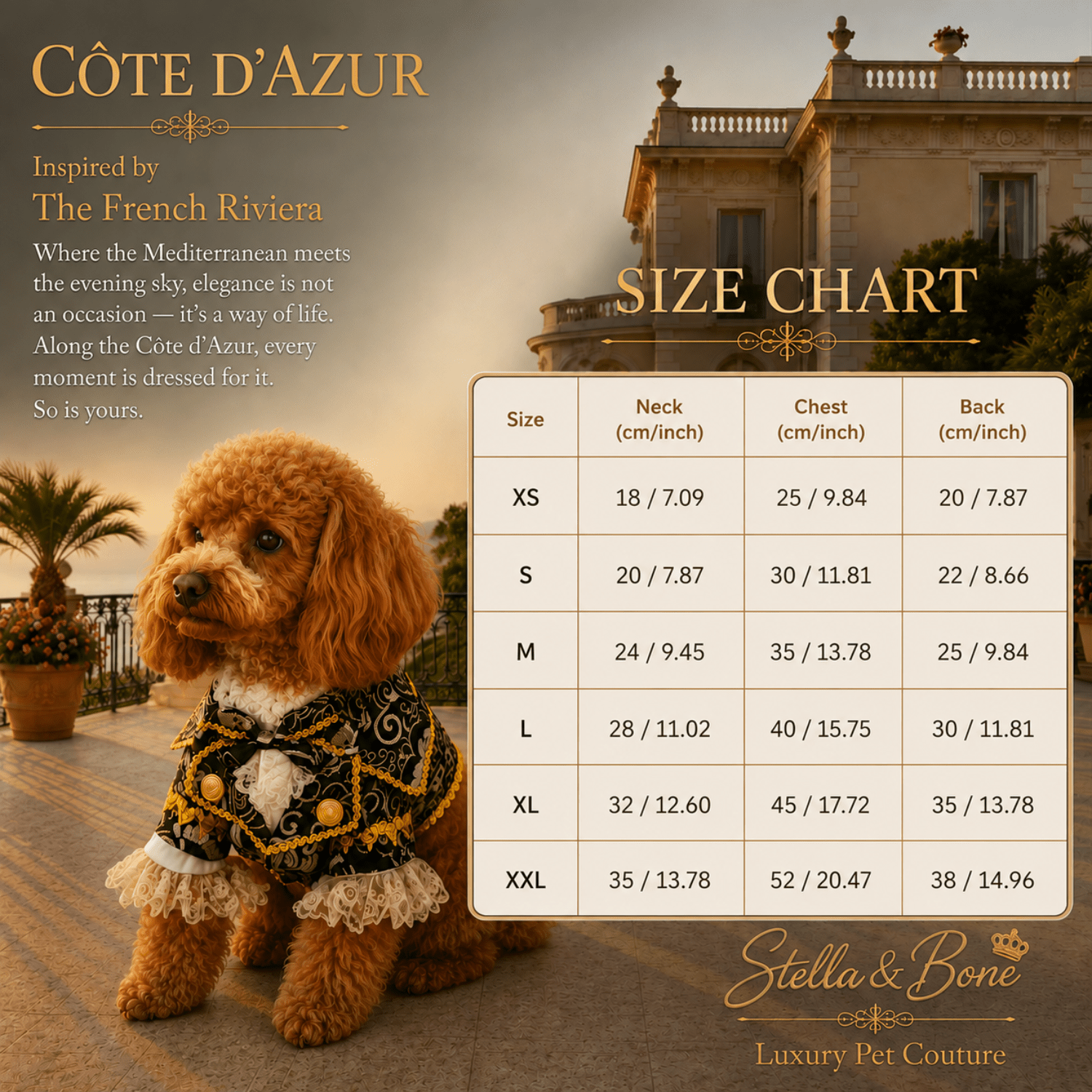 Size chart for Cote D Azur, dog tuxedo jacket. Perfect for weddings, any formal occasion