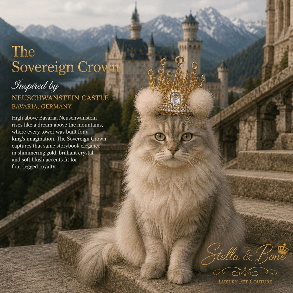 Cat wearing The Sovereign Crown in the Bavarian Alps. Pink pom-poms and shimmering rhinestone gems.