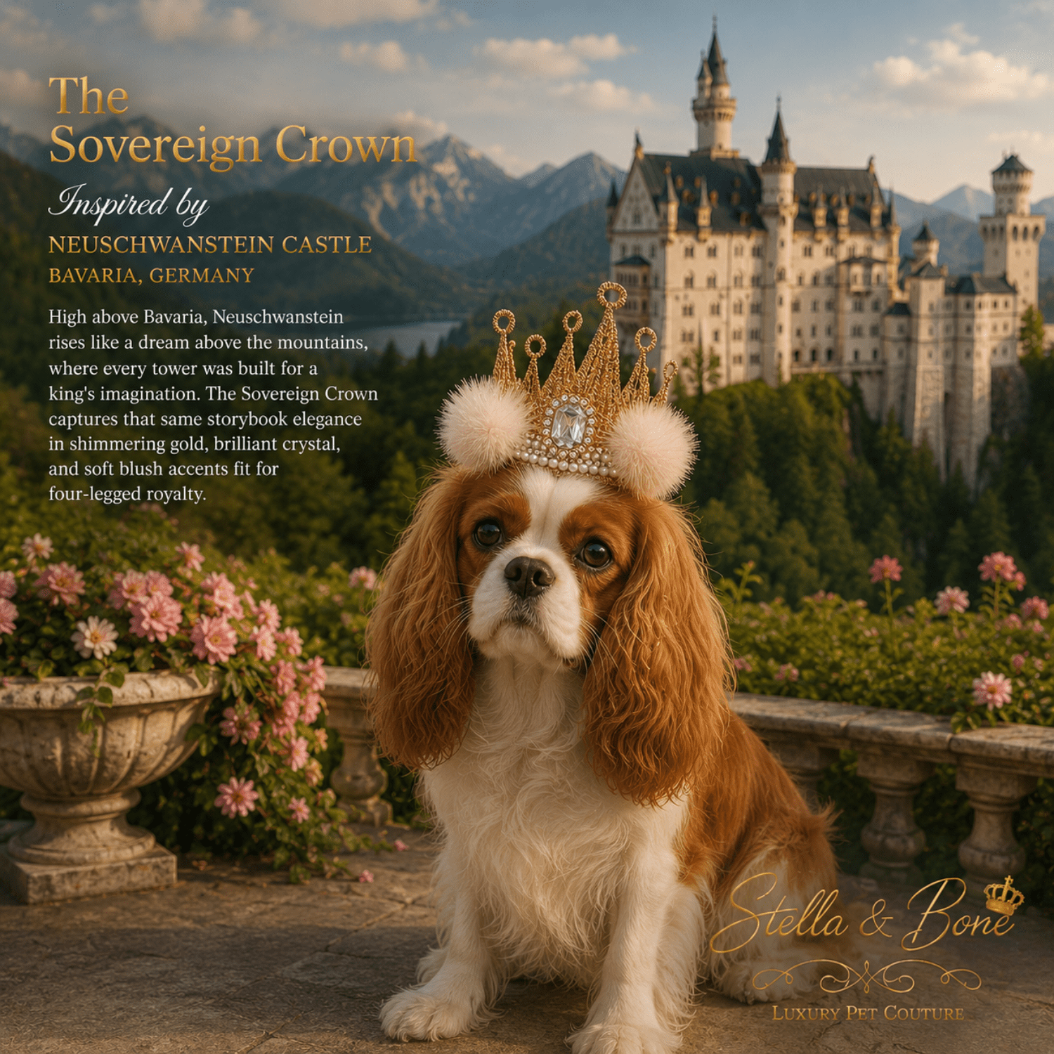 The Sovereign Crown on a King Charles, secured by an elastic attachment that stays on your pup's head