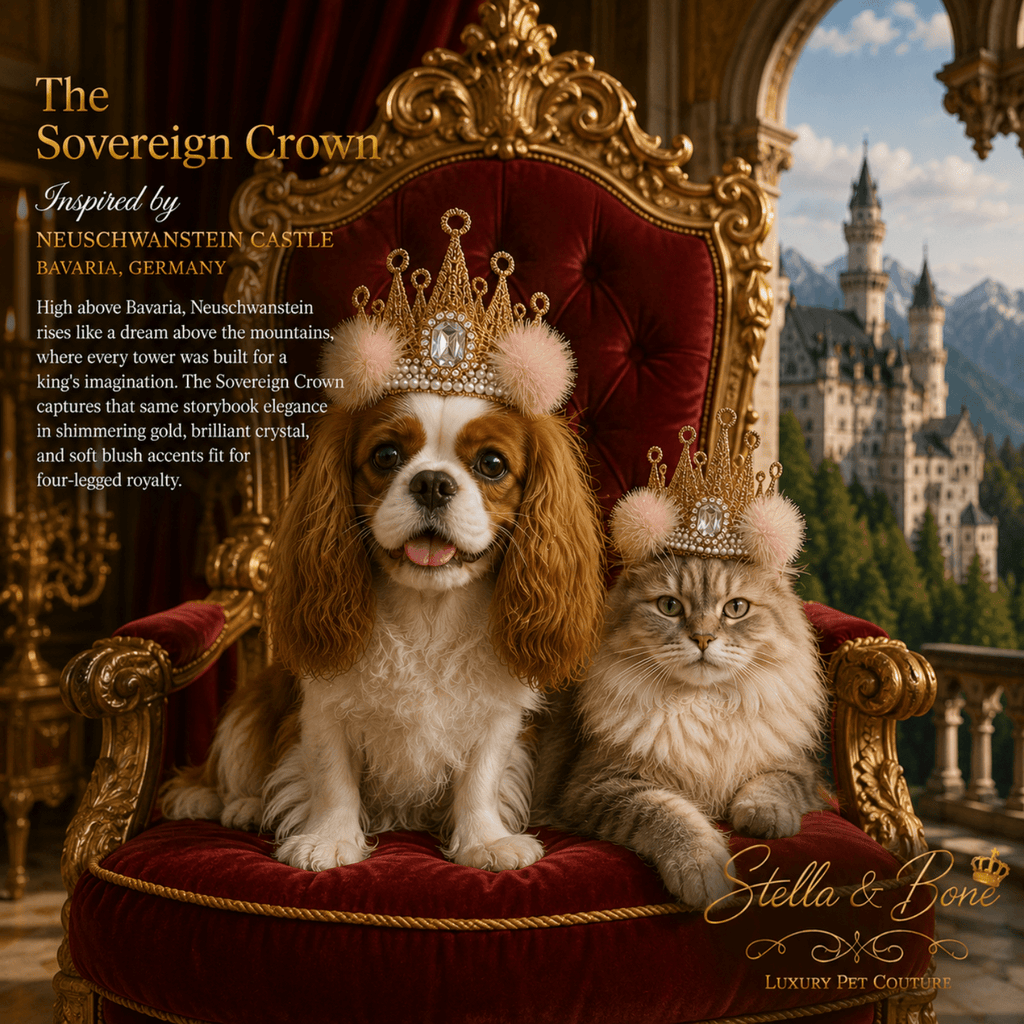 Two pets wearing The Sovereign Crown, fit for a princess. Great for photoshoots, weddings, birthday and recognizing the queen