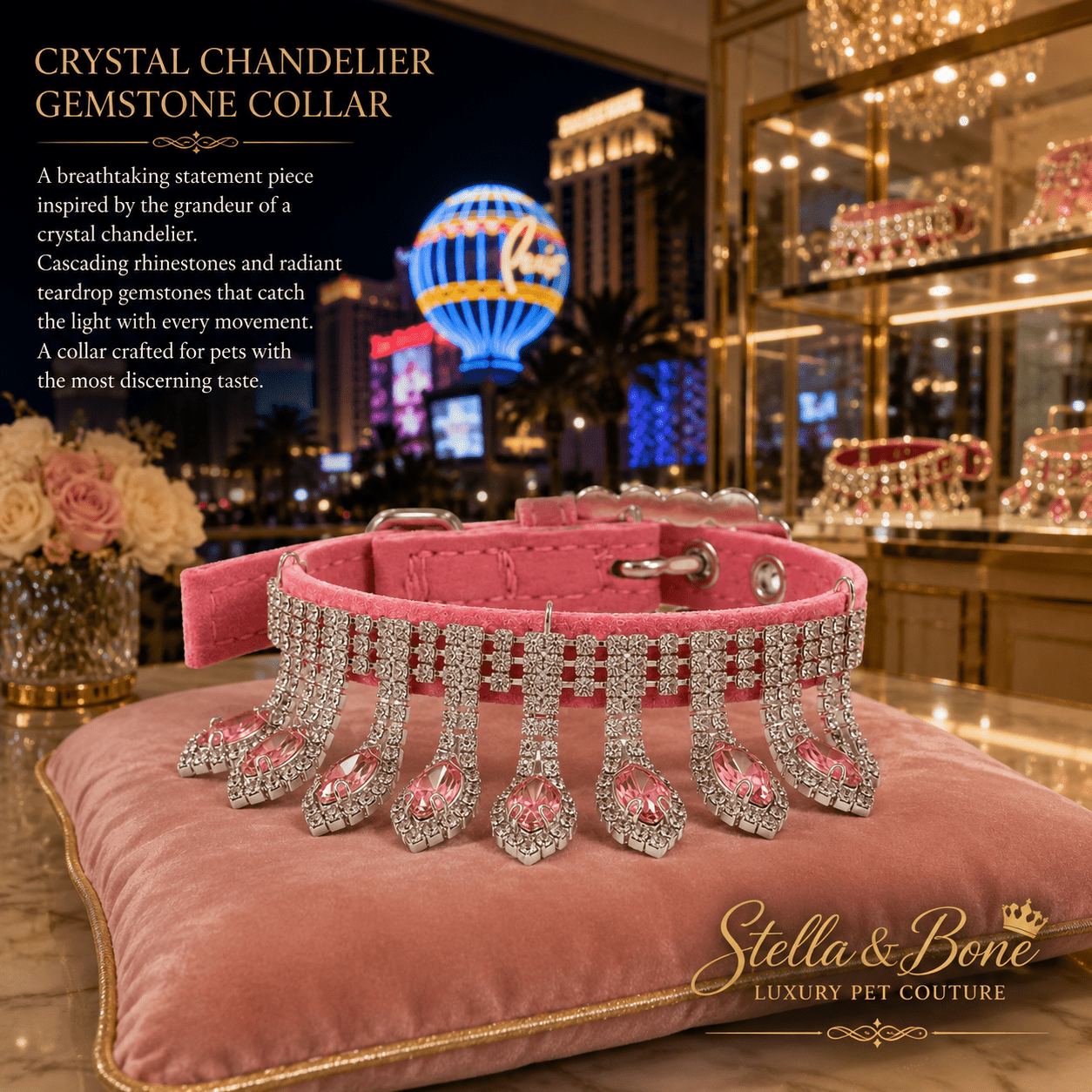 Crystal Chandelier pink velvet collar with rhinestone chains and blush pink teardrop gemstones on pillow Las Vegas Strip