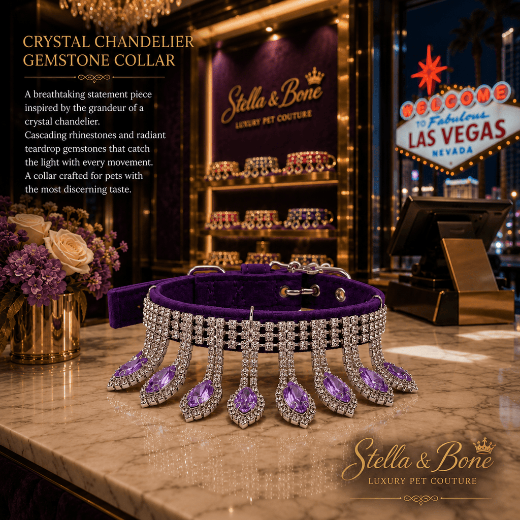 Crystal Chandelier purple velvet collar with lavender amethyst teardrop gemstones at Stella and Bone Las Vegas boutique