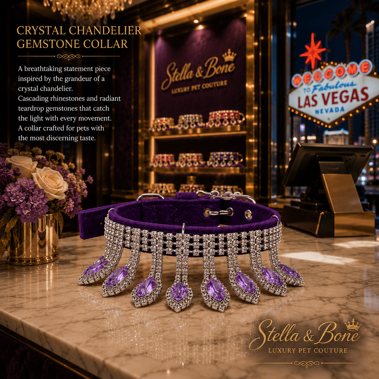 Crystal Chandelier purple velvet collar with lavender amethyst teardrop gemstones at Stella and Bone Las Vegas boutique