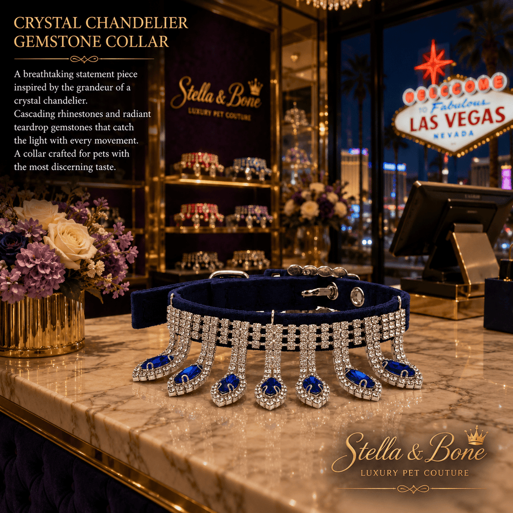 Crystal Chandelier navy blue velvet collar with sapphire teardrop gemstones on marble counter Stella and Bone Las Vegas