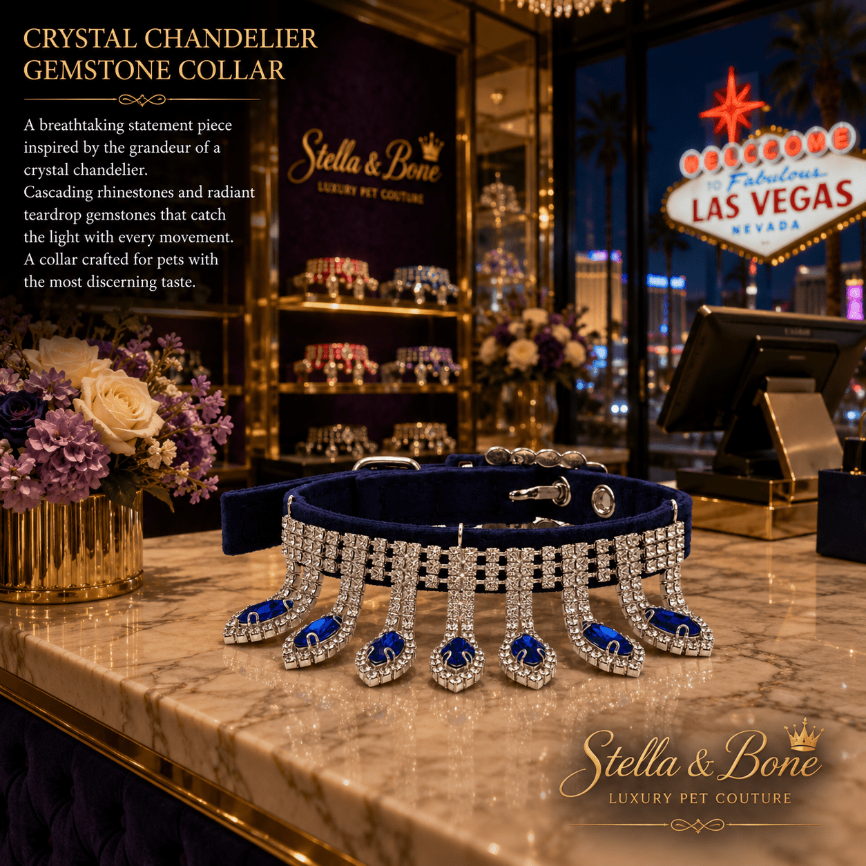 Crystal Chandelier navy blue velvet collar with sapphire teardrop gemstones on marble counter Stella and Bone Las Vegas