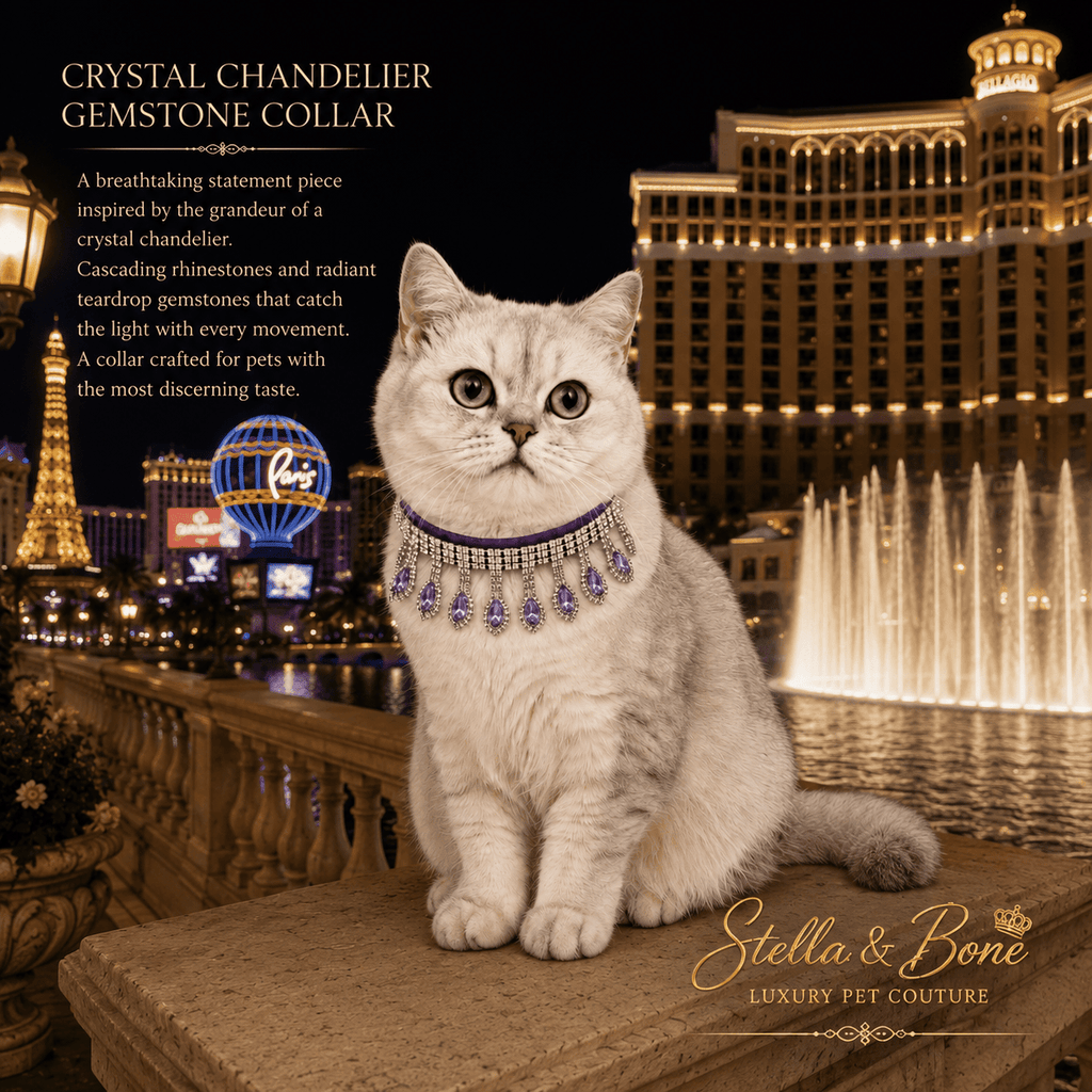 British Shorthair cat wearing Crystal Chandelier purple amethyst collar at Bellagio fountains Las Vegas Nevada at night