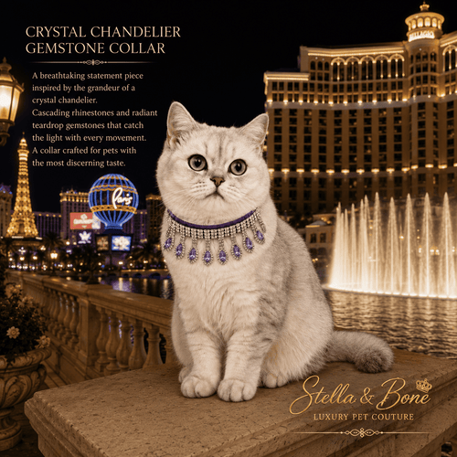 British Shorthair cat wearing Crystal Chandelier purple amethyst collar at Bellagio fountains Las Vegas Nevada at night